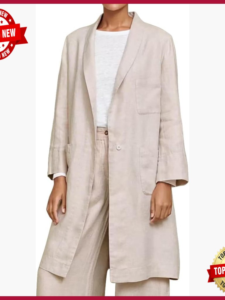 Women's Long Cotton Linen Blazer Casual Lightweight Spring Jacket Trench Coat